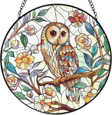 Owl Bird Flower Stained Glass Window Hanging, Owl Gifts for Women, Cottagecore Bird Floral Botanical Suncatchers Sun Catchers Indoor Window Glass Wall Art Decorations, 7.9x7.9in, Patio