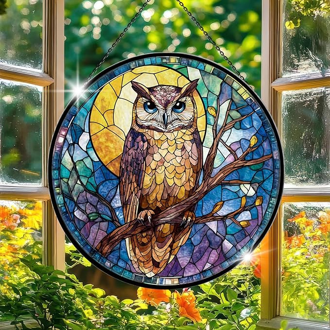 Owl Stained Glass Window Hanging, 7.9" Owl on a Branch Suncatcher for Window Doors Home Decoration, Owls Decor for Home, Mother's Day Christmas Birthday Gifts for Owls Lovers Women Men