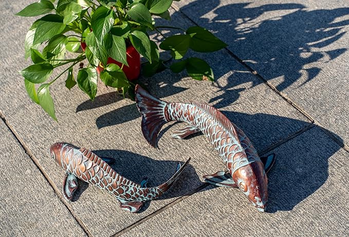Garden Statues Koi Fish Decor for Outside,Antique Copper Garden Decor,Outdoor Koi Sculptures & Statues for Yard Patio Backyard Pond Decorations,Metal Fish Gifts for Women Mom Grandma,Set of 2