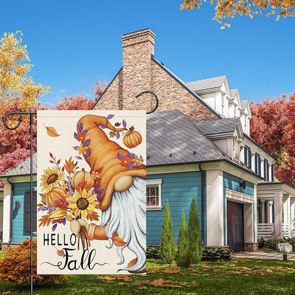 Hello Fall Gnome Garden Flag 12x18 Double Sided Burlap, Pumpkin Sunflower Garden Yard Flags for Thanksgiving Rustic Seasonal Outside Outdoor House Decoration (ONLY FLAG)