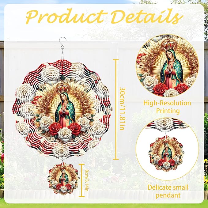 Virgin Mary Wind Spinner Outdoor, Christian Decor Gift, Hanging Metal Wind Catcher with 2.4" Guadalupe Center Pendant, 12" 3D Stainless Steel Kinetic Art for Garden Yard