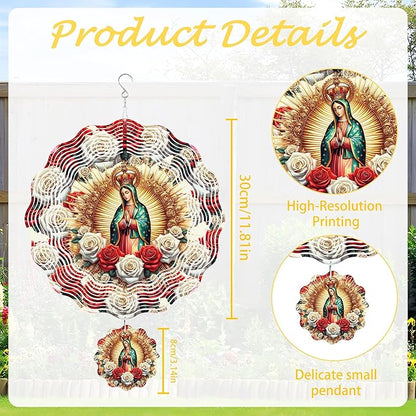 Virgin Mary Wind Spinner Outdoor, Christian Decor Gift, Hanging Metal Wind Catcher with 2.4" Guadalupe Center Pendant, 12" 3D Stainless Steel Kinetic Art for Garden Yard