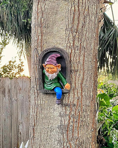 Elenon Gnome Big Tree Faces Garden Decor, 13 inch Gnome Coming Out of Tree Outdoor Decorations, Fairy Elf Hugger Whimsical Peeker Sculpture Yard Patio Art
