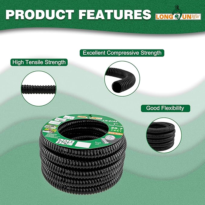 1 Inch Tubing Corrugated Pond Hose 1-Inch ID, 20.6 FT Length, Black PVC Kinkproof Strong Flex Tubing with Pipe Fittings, Aquarium, Pond Waterfall, Garden Pump Hose Drainage Tube
