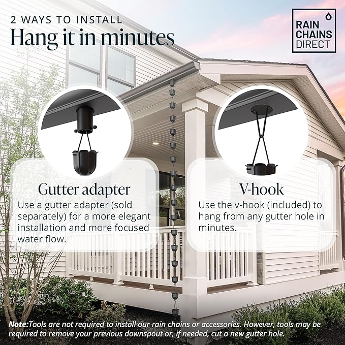 Rain Chains Direct - Flutes Rain Chain - 8.5 FT - Durable Black Powder-Coated Aluminum - Premium Rain Chains for Gutters