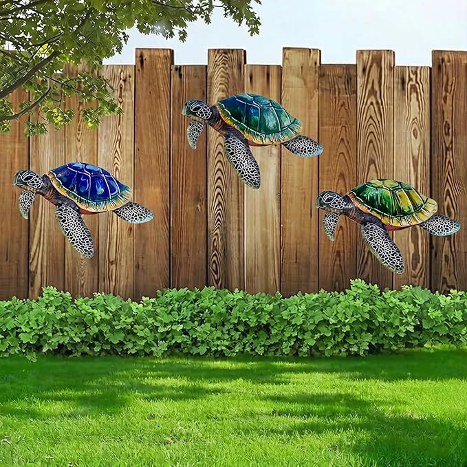 VividLadybug Metal Turtle Sea Wall Decor Outdoor Garden Hanging Art Sculptures Home Ocean Theme Decorations for Kitchen Fence Bathroom and Pool, 3Pcs