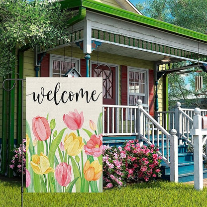 Heyfibro Welcome Spring Summer Garden Flag 12 x 18 Inch Vertical Double Sided Burlap, Tulip Flower Floral Garden Flags for Seasonal Holiday Farmhouse Yard Outdoor Decor(ONLY FLAG)