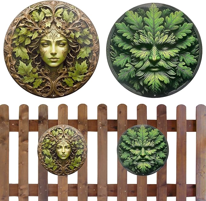 KVTTOZA 2PCS 2D Outdoor Metal Wall Art, 11.8Inch Tree Woman Man Wall Decors Gardens Guardian Decor Wall Art Plaque for Indoor Outdoor Room Garden Porch Fence Decor