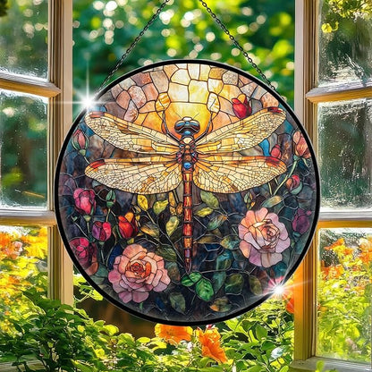 Dragonfly Stained Glass Window Hanging, 7.9" Dragonflies Plant Decor Suncatcher, Dragonfly Gifts for Women, Dragonflies Decor Handmade Suncatcher for Garden Home, Christmas Birthday Housewarming Gifts