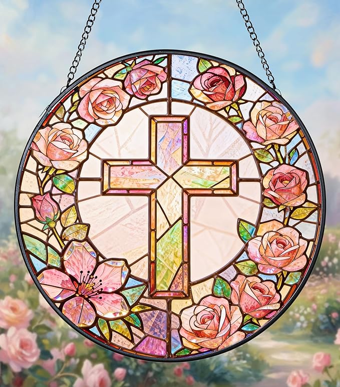 Sun Catcher Cross Stained Glass 7.9 Inch Suncatcher Religious Cross and Roses Suncatchers for Windows Hanging Gifts for Women Cottage Core Apartment Home Decor Christian Gift Religious Gift