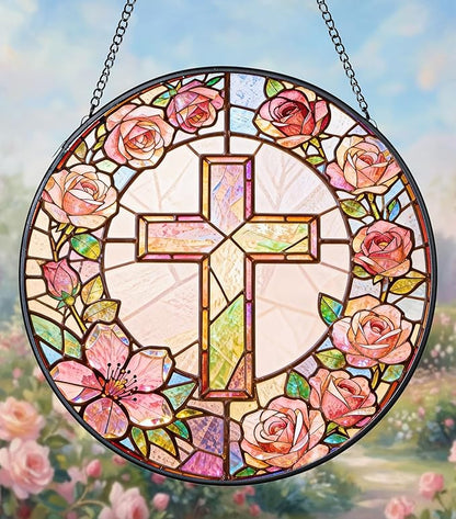 Sun Catcher Cross Stained Glass 7.9 Inch Suncatcher Religious Cross and Roses Suncatchers for Windows Hanging Gifts for Women Cottage Core Apartment Home Decor Christian Gift Religious Gift