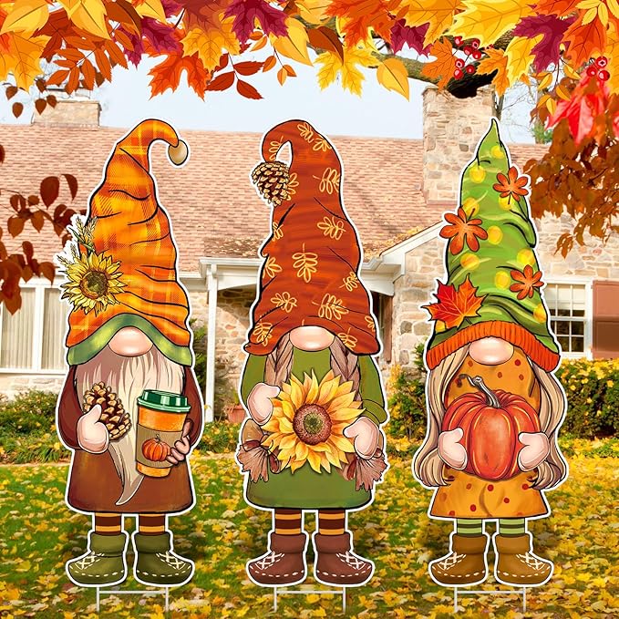 Umigy 3 Pcs Thanksgiving Yard Decor Cute Fall Autumn Gnome Yard Sign with Stakes 32 x 10 Inch Gnome Outdoor Lawn Decor, Outside Thanksgiving Garden Decoration for Home Pathway Walkway