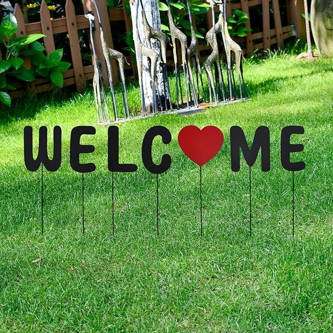 Aecipl Metal Letters Garden Stakes Yard Art Word Sign Lawn Decoration Indoor Outdoor Plant Pot Decor Decorative Stick for Patio Pathway Flower Bed (Welcome)
