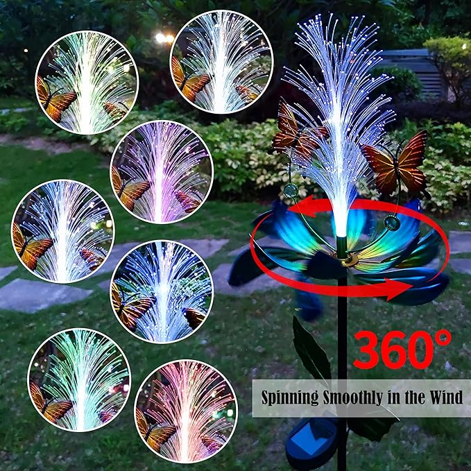 Solar Garden Wind Spinner, Blue Metal Lotus Flower with LED Lights, Butterfly Decorative Stake for Yard, Patio, Lawn