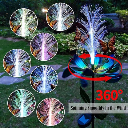 Solar Garden Wind Spinner, Blue Metal Lotus Flower with LED Lights, Butterfly Decorative Stake for Yard, Patio, Lawn