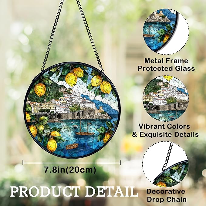 Italian Lemon Amalfi Coast Suncatchers Stained Glass Window Hanging, Lemon Kitchen Decor, Summer Mediterranean Sun Catchers Indoor Window Glass Round Wall Decor, 7.9x7.9in