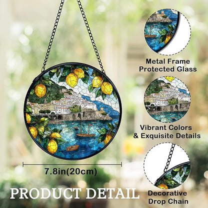 Italian Lemon Amalfi Coast Suncatchers Stained Glass Window Hanging, Lemon Kitchen Decor, Summer Mediterranean Sun Catchers Indoor Window Glass Round Wall Decor, 7.9x7.9in