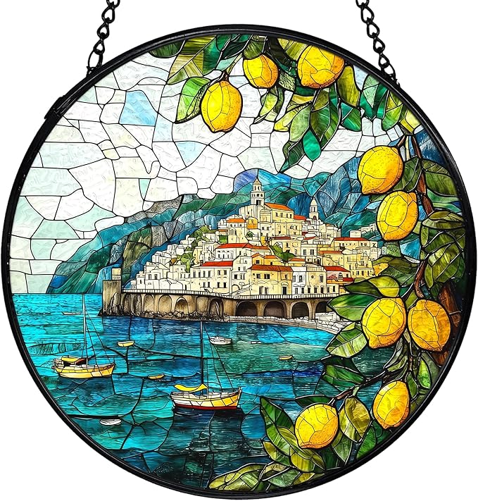 Italian Lemon Amalfi Coast Suncatchers Stained Glass Window Hanging, Summer Beach Lemon Sun Catchers Indoor Window Glass Round Wall Decor, Mediterranean Wall Hanging Decorations, 7.9x7.9in