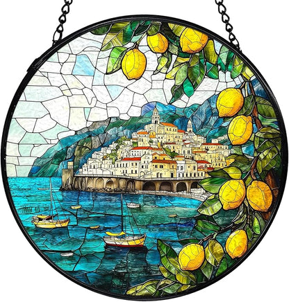 Italian Lemon Amalfi Coast Suncatchers Stained Glass Window Hanging, Summer Beach Lemon Sun Catchers Indoor Window Glass Round Wall Decor, Mediterranean Wall Hanging Decorations, 7.9x7.9in