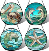 DASTOLL Stained Glass Window Hanging 4 Pcs Set Cyan Ocean Life Theme Large 15" - Sea Starfish Suncatcher Door Garden Sun Catcher Decor Birthday for Mom Woman Nana Men Friend