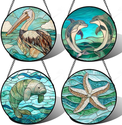 DASTOLL Stained Glass Window Hanging 4 Pcs Set Cyan Ocean Life Theme Large 15" - Sea Starfish Suncatcher Door Garden Sun Catcher Decor Birthday for Mom Woman Nana Men Friend