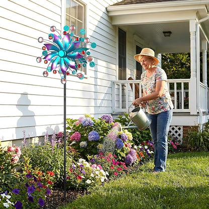 Solar Wind Spinner Outdoor - Metal Kinetic Wind Sculptures with Sparkling Jeweled Ornaments, Blue & Purple Gradient Dual-Direction Spinner, Solar LED Glass Ball Yard Art for Garden Patio Decor