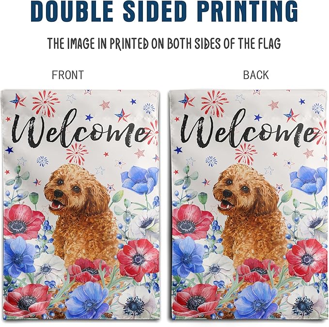 4th of July Golden Doodle Garden Flag Red White Blue Floral Dog Yard Flags Small Memorial Independence Day Banner 12x18 Double Sided for Outside Outdoor Patriotic Decor