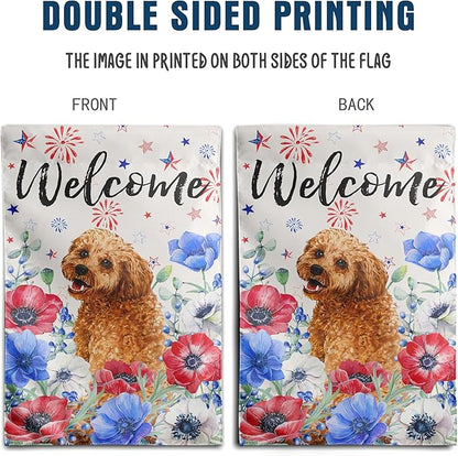 4th of July Golden Doodle Garden Flag Red White Blue Floral Dog Yard Flags Small Memorial Independence Day Banner 12x18 Double Sided for Outside Outdoor Patriotic Decor