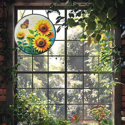 Sunflower Sun Catcher Stained Glass Window Hanging, 7.8" Suncatcher Glass Panel Window Decoration, Nature Lover Gift for Women, Wall Garden Art Decor, Gift for Birthday Christmas & Holidays