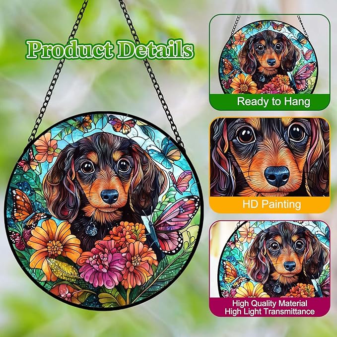 Dog Stained Glass Window Hanging Dachshund in Flowers Suncatcher Colored Glass Suncatcher for Indoor Garden Decoration Gift for Per Lover Memorial Wife Friend Family 6.3in