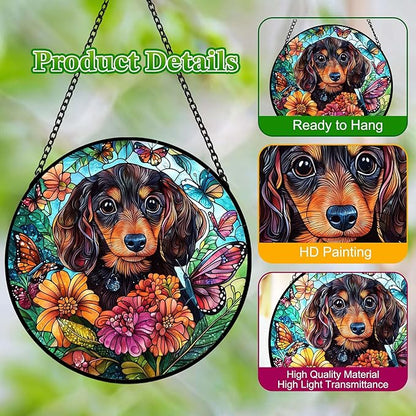 Dog Stained Glass Window Hanging Dachshund in Flowers Suncatcher Colored Glass Suncatcher for Indoor Garden Decoration Gift for Per Lover Memorial Wife Friend Family 6.3in
