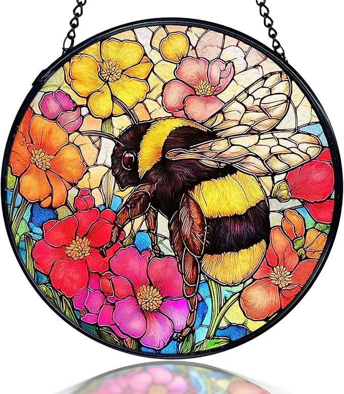 kdqua Bee Floral Suncatcher Stained Glass Window Hanging, Colorful Floral Bumblebee Sun Catchers Indoor Window Glass Round Wall Decor, Bee Wall Art Hanging Decorations Statues, 7.9x7.9in