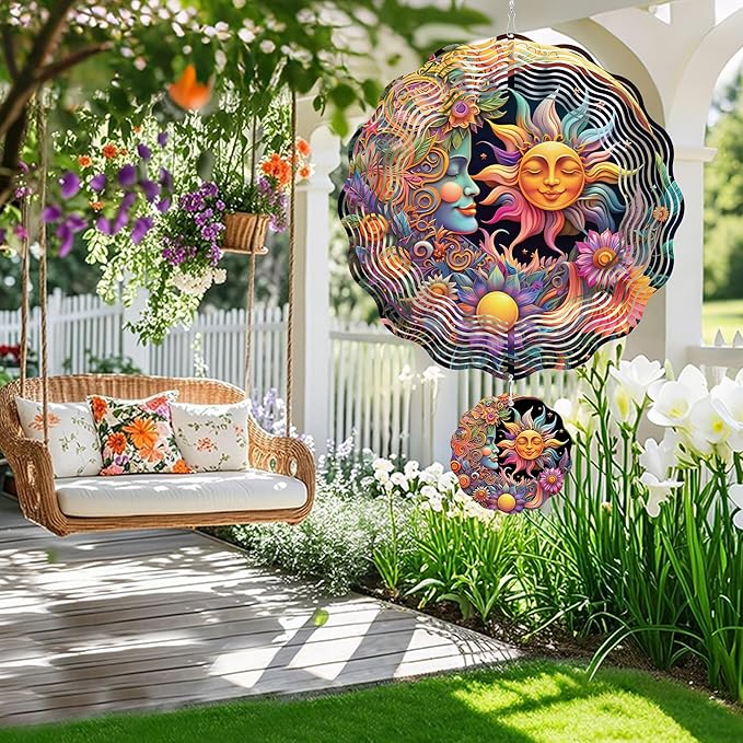 Hanging Wind Spinners Outdoor, 3D Kinetic Metal Wind Spinner with Sun Moon Celestial Boho Design for Garden Yard Decor, Spiritual Gifts for Women Meditation Yoga Lovers