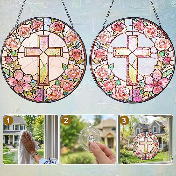 Sun Catcher Cross Stained Glass 7.9 Inch Suncatcher Religious Cross and Roses Suncatchers for Windows Hanging Gifts for Women Cottage Core Apartment Home Decor Christian Gift Religious Gift