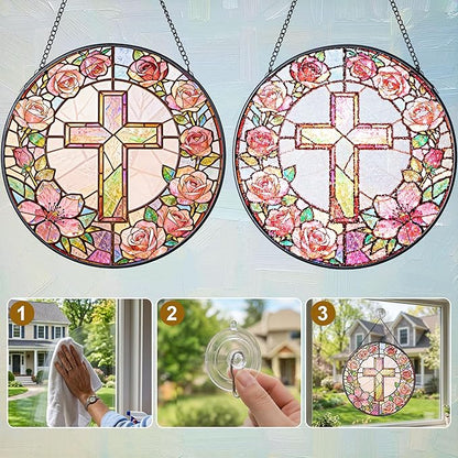 Sun Catcher Cross Stained Glass 7.9 Inch Suncatcher Religious Cross and Roses Suncatchers for Windows Hanging Gifts for Women Cottage Core Apartment Home Decor Christian Gift Religious Gift