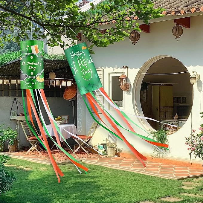 2Pack 40 Inch St. Patrick’s Day Outdoor Windsock, Green Outdoor Holiday Windsock Flags Decorations, Shamrock Irish Pattern Design for Yard Garden Home Party Hanging Decor
