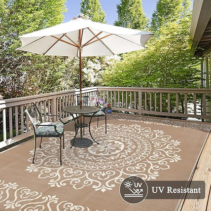 Pauwer Waterproof Outdoor Rug 6x9, Reversible Plastic Straw Patio Camping Rug, Indoor Outdoor RV Mat Carpet for Deck, Camper, Porch, Balcony, Backyard, Picnic, Floral Brown