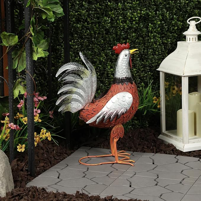 Alpine Corporation JUM388 Metal Outdoor Rooster Decor Statue, Animal Décor for Patio, Lawn & Garden, 20"H, Silver and Rust