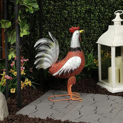 Alpine Corporation JUM388 Metal Outdoor Rooster Decor Statue, Animal Décor for Patio, Lawn & Garden, 20"H, Silver and Rust