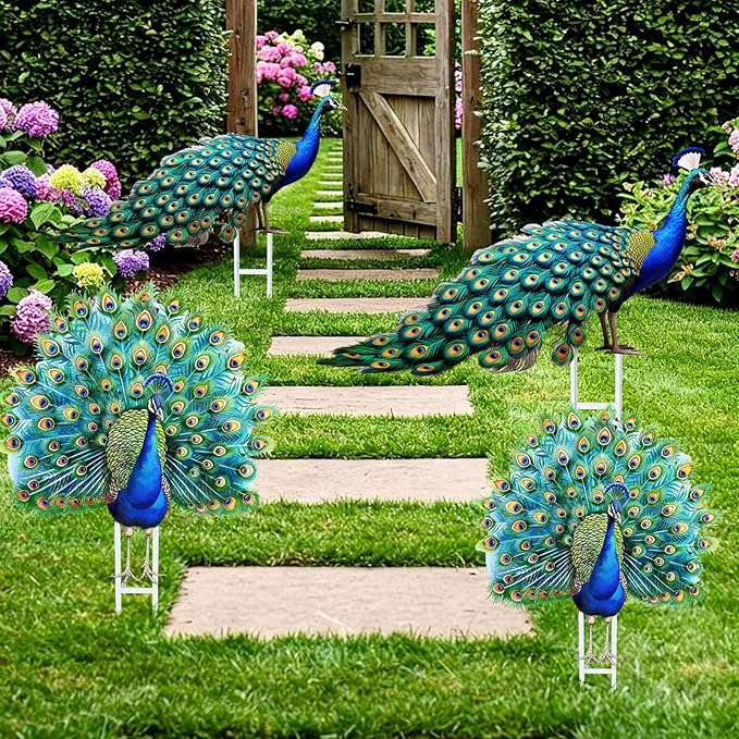 Riakrum 4 Pcs Metal Peacock Statue Garden Decor Outdoor Metallic Peacock Tail Spread Yard Lawn Decoration Housewarming Birthday Gifts for Patio, Lawn, or Entryway, Multicolor