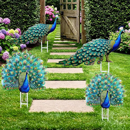 Riakrum 4 Pcs Metal Peacock Statue Garden Decor Outdoor Metallic Peacock Tail Spread Yard Lawn Decoration Housewarming Birthday Gifts for Patio, Lawn, or Entryway, Multicolor