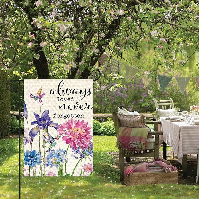 AVOIN colorlife Always Loved Never Forgotten Memorial Garden Flag 12x18 Inch Double Sided, Hummingbird Spring Summer Yard Outdoor Decoration