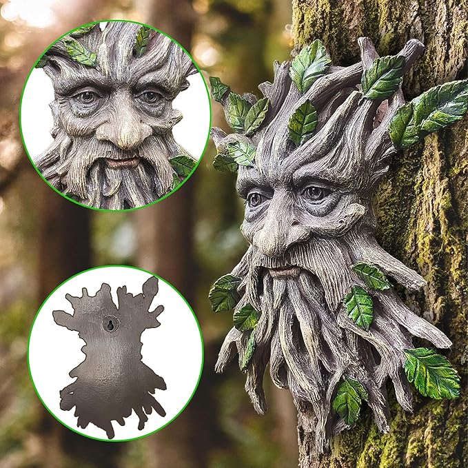 13.2" Real Tree Face Hugger Statue, Resin Elves Sculpture with Foliage Features, Large Outdoor Tree Hugger for Yard Art, Halloween Trees Decorations Outdoor Wall Mounted Statue
