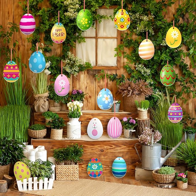 Rtteri 30 Pcs Easter Egg Outdoor Hanging Ornaments Colorful Double Sided Printing Tree Ornament Plastic Easter Egg Hanging Ornament for Porch Tree Yard Lawn Party