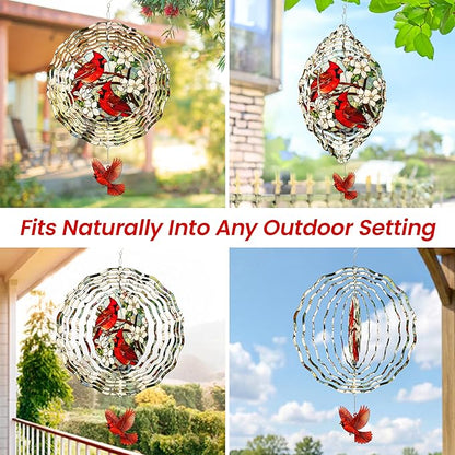 FLAGWIX Cardinal Gifts for Women Men - Cardinal Decor 3D Stainless Steel Wind Spinners Outdoor 12 in - Garden Spinners Outdoor, Cardinals Wind Spinner for Garden Decor, Gardening Gifts for Mom Grandma