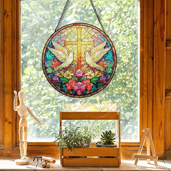 Christian Cross Wildflowers Suncatcher Stained Glass Window Hanging, Christian Flower Sun Catchers Indoor Window Glass Round Wall Decor, Religious Cross Wall Art Hanging Decorations, ＂7.8x7.8＂