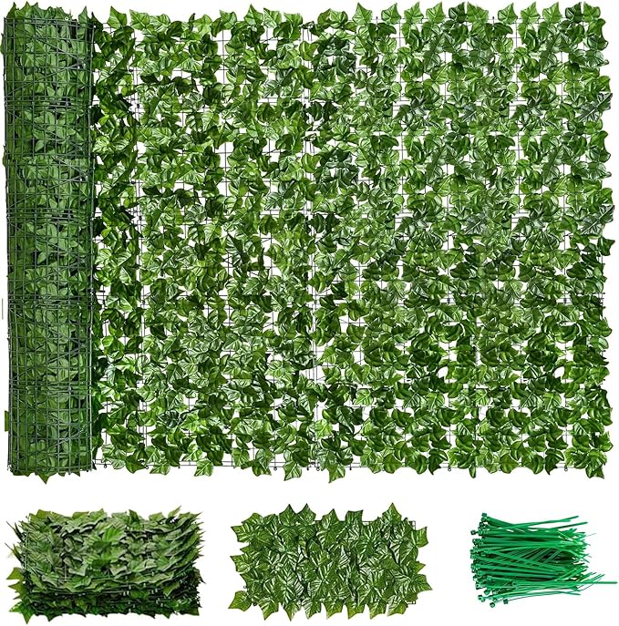 Faux Ivy Privacy Fence Screen 28PCS 20 x 20 Inch Artificial Faux Ivy Hedge Expandable Faux Privacy Fence with 100 pcs Zip Ties Decoration for Wall Screen, Outdoor Garden Wedding(275.6x40 inches)