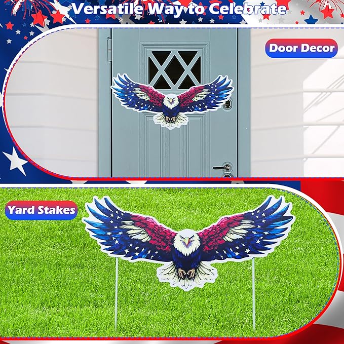 11 Pcs Independence Day Yard Signs(2 Eagles+9 Stars), 4th of July Patriotic Outdoor Decorations, Memorial Day Pentagram(Red White Blue) Garden Sign with Stakes for Fourth of July Celebration