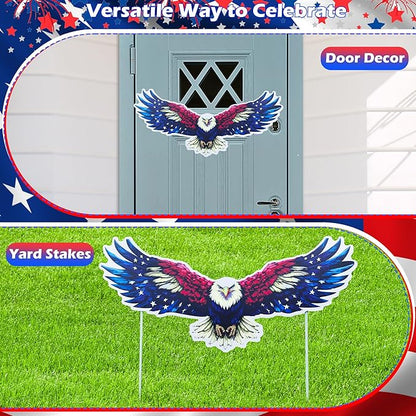 11 Pcs Independence Day Yard Signs(2 Eagles+9 Stars), 4th of July Patriotic Outdoor Decorations, Memorial Day Pentagram(Red White Blue) Garden Sign with Stakes for Fourth of July Celebration