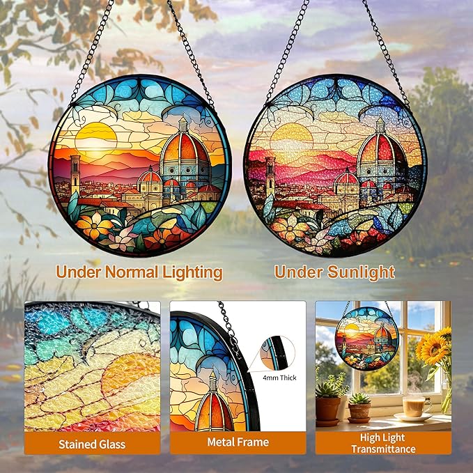 7.88'' Stained Glass Window Hanging, Church Sunset Suncatcher Stained Glass Panel with Hook Chain for Window, Religious Sun Catchers Decor Mother's Day Birthday for Women, Men, Wife, Aunt, and Mom